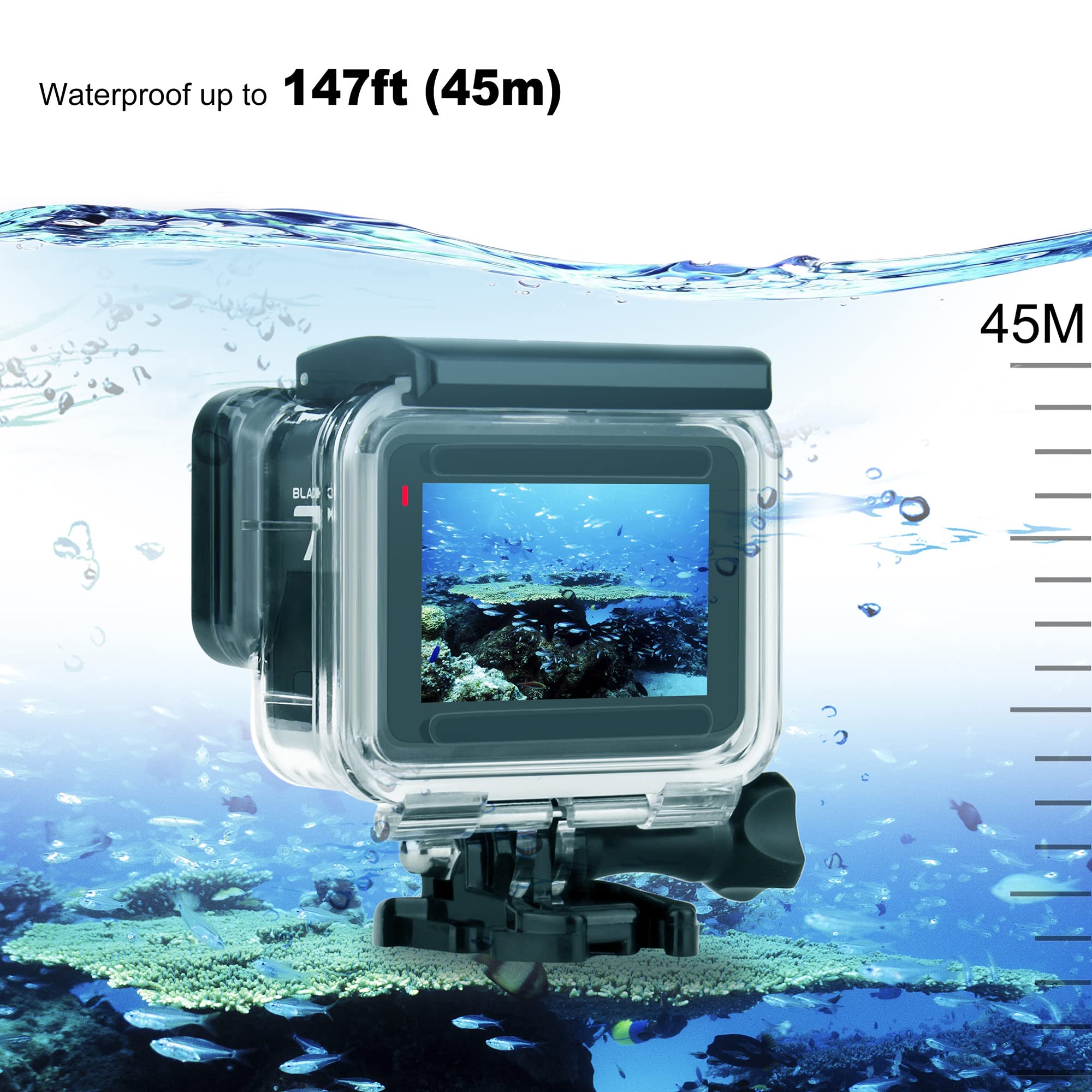 Waterproof Housing Case with Diving Filters for GoPro Hero 5 6 7 Black Hero (2018) Cameras - 45M Underwater Diving Housing Shell with Red/Light Red/Magenta / 5X Close-up Filters