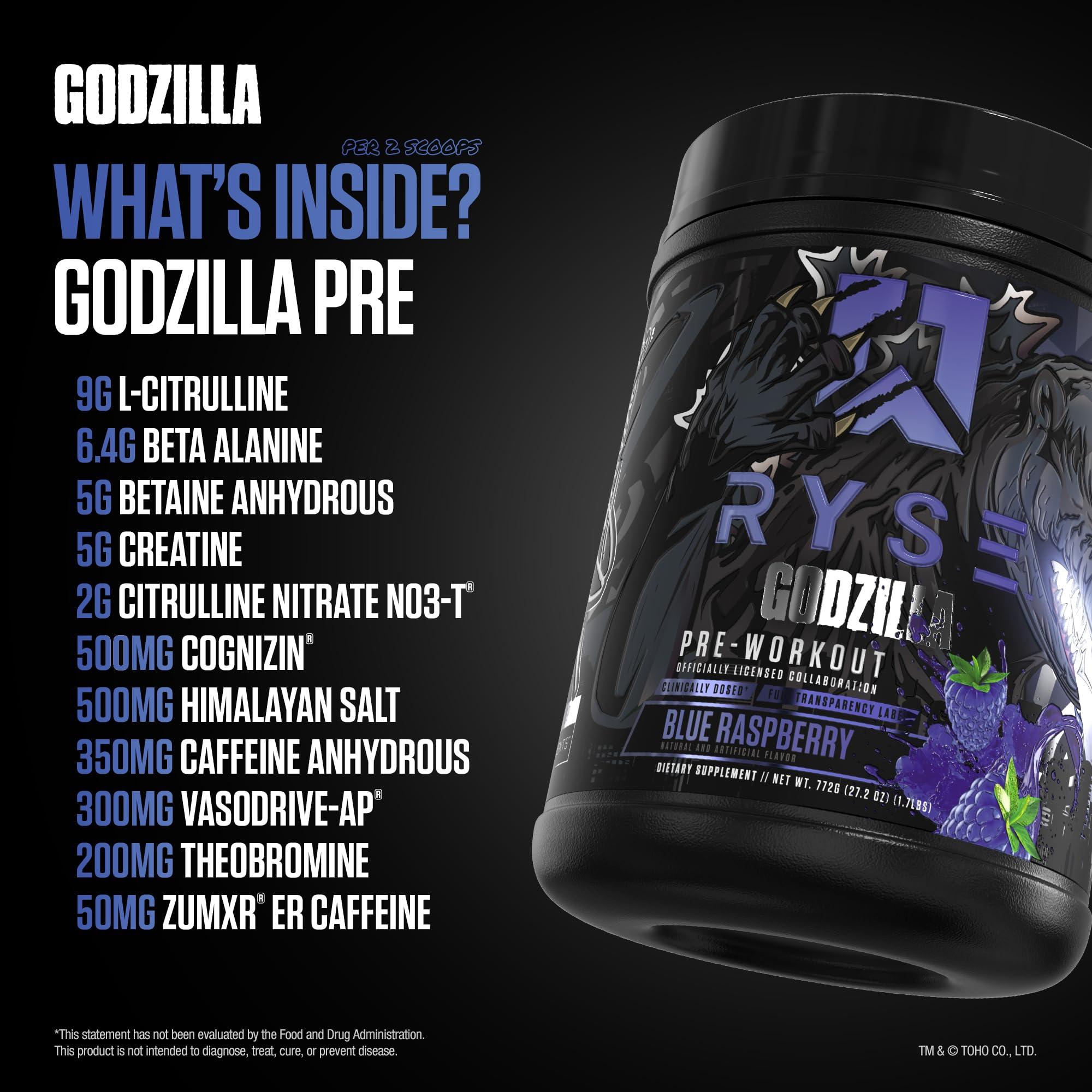 RYSE Godzilla X Noel Deyzel Pre Workout Powder - Blue Raspberry - 400mg Caffeine, High Stim Pre-Workout for Men & Women with Citrulline & Beta Alanine - Energy, Pump & Focus - 20/40 Servings