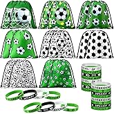 Sadnyy 32 Pcs Soccer Party Favors Set Include 16 Drawstring Goodie Bags 16 Silicone Bracelets Wristband Snack Treat Candy Bags for Birthday Party Team Gift Stuffers Supplies