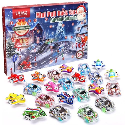 LIHAO 2025 Christmas Advent Calendar for Kids 24 PCS Pull Back Cars Xmas Countdown Calendar Set Toys Gift for Boys