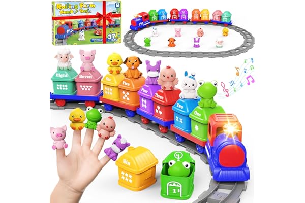 Cmiolacuna Train Set for Toddlers 2-4, Electric Toy Train with Farm Animals & Music & Lights, Montessori Counting & Sorting L