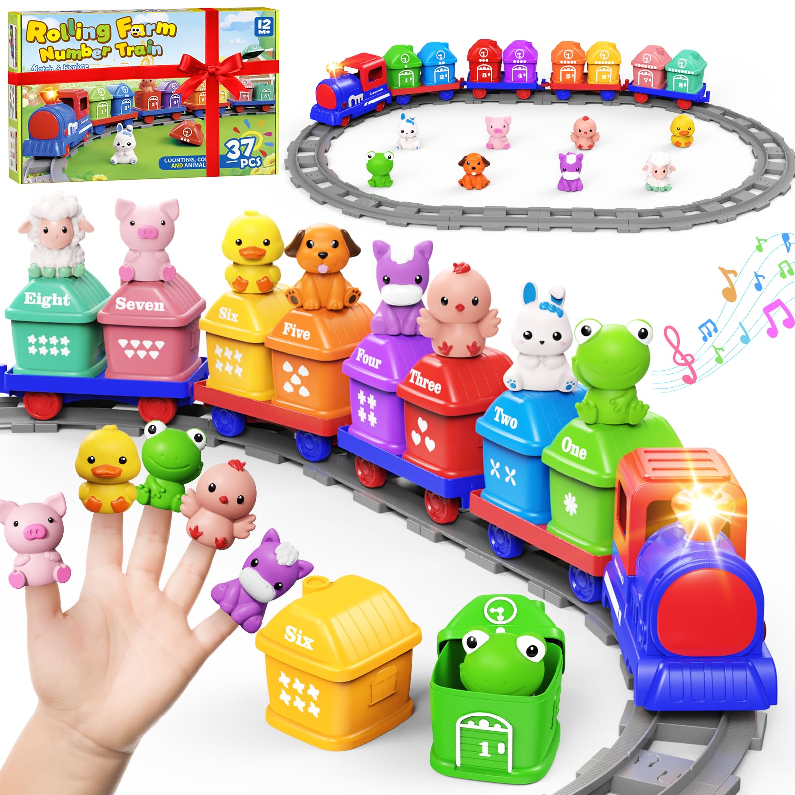 Train Set for Toddler 1 2 3 Year Old, Montessori Electric Farm Animals Train Toy for Counting, Stacking, Matching, Sorting with Tracks, Music, Lights, Baby Educational Toys Birthday Gift for Boy Girl
