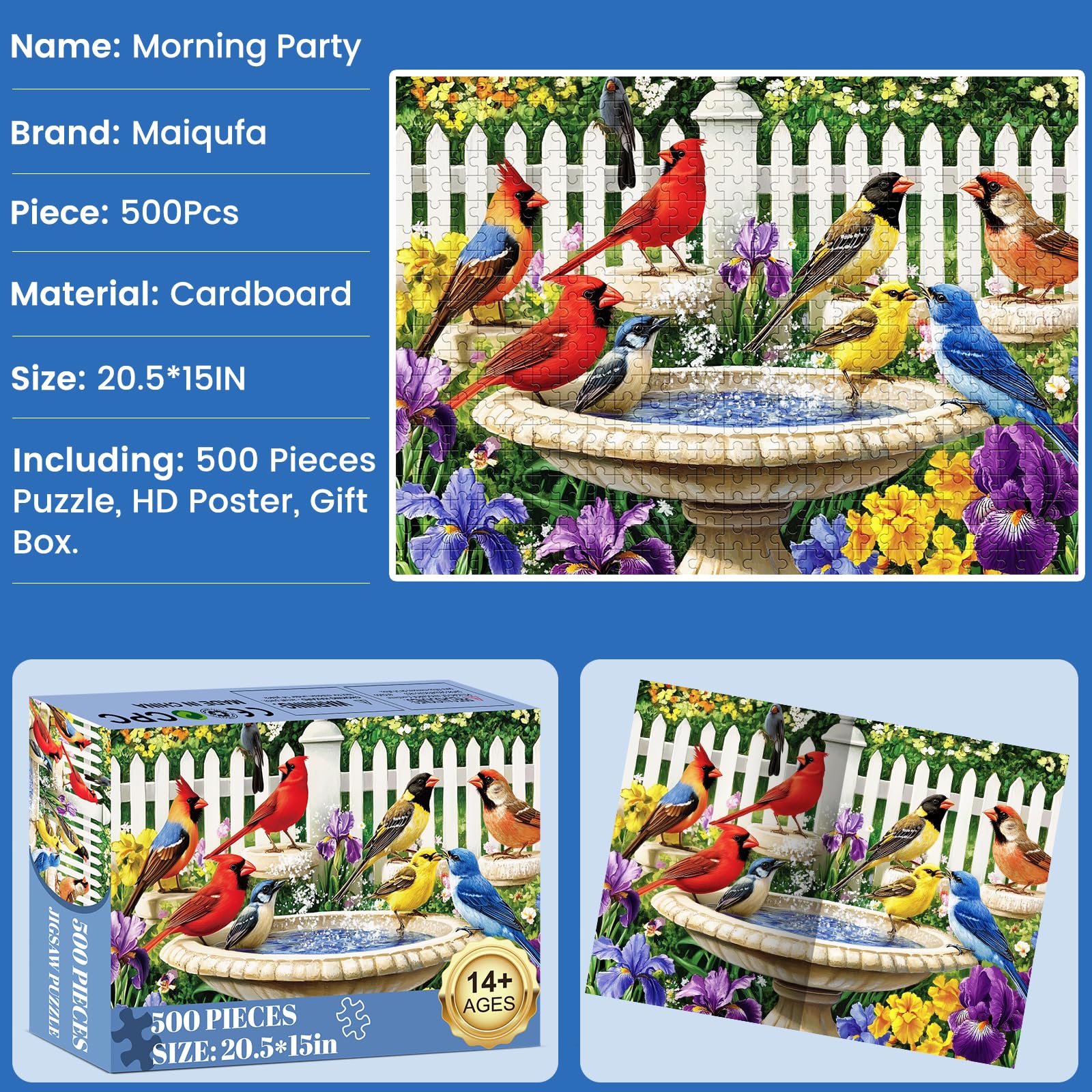 500 Pieces Puzzle for Adults,Birds Bath Flower Fence Puzzle,Recycled Cardboard Animals Jigsaw Puzzle 500 Pieces,Challenging Game Home Decor Birthday Party Gift Toy for Adults Kids Seniors 20.5 * 15 in