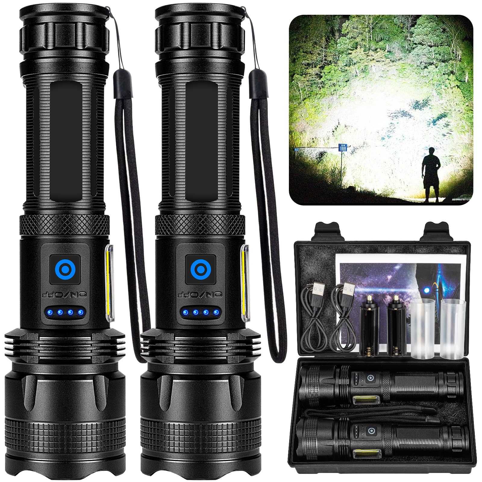 ZEUSFIRE Ultra Powerful LED Torch, 2 Pieces 100000 Lumens Rechargeable LED Flashlight, 5 Lighting Modes & IPX7 Waterproof Long Range Torch for Camping, Hiking