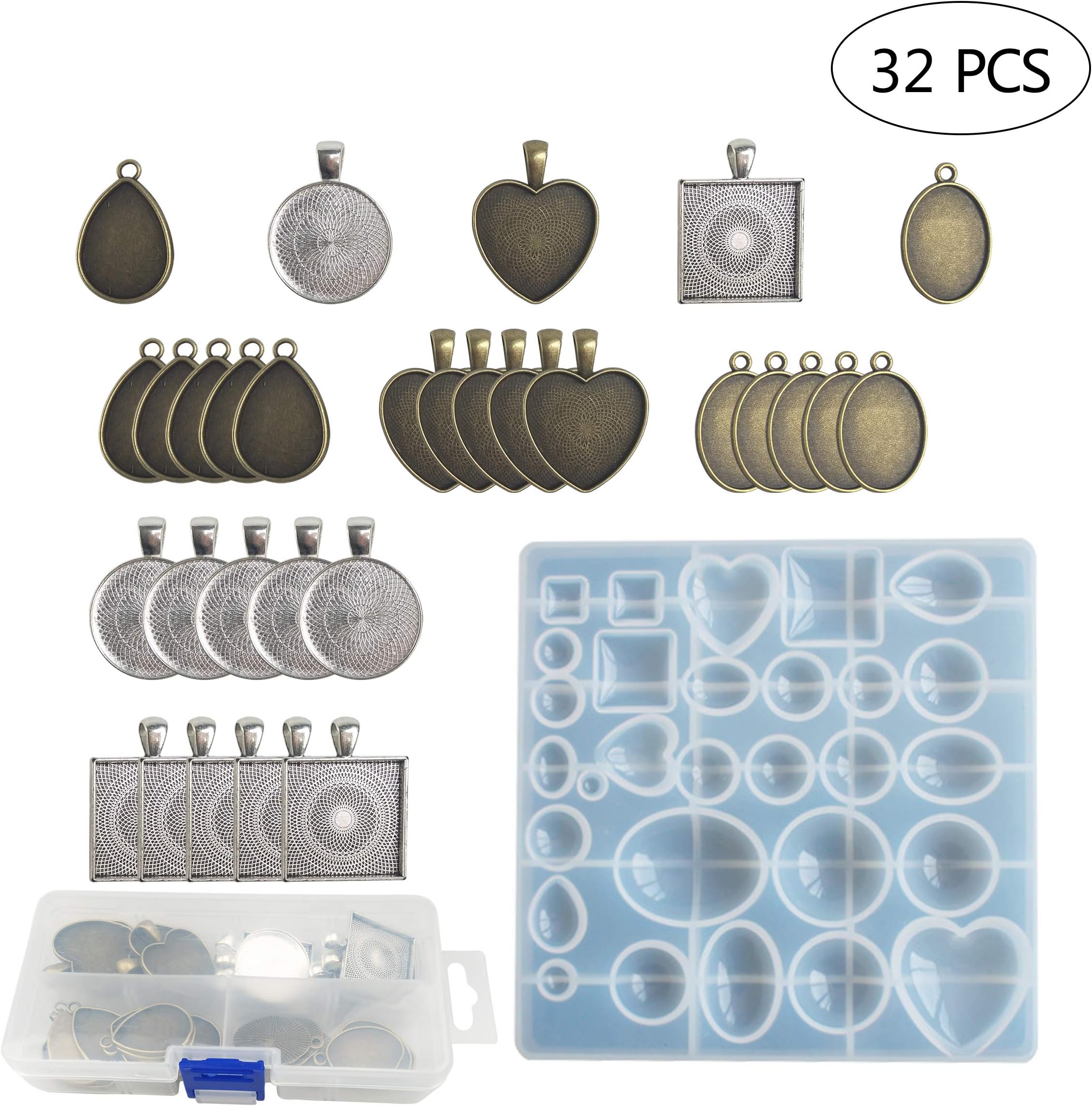 30 Pieces 5 Styles Pendant Trays with 1 Piece Plastic Case and 1 Piece Silicone Resin Jewelry Casting Molds for Pendant Crafting DIY Jewelry Gift Making (Round & Square & Heart & Teardrop & Oval)