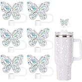 6Pcs Shiny Straw Toppers, Diamond Butterfly Straw Covers Cap Compatible with Stanley Cups 30&40 Oz Tumbler with Handle, 10mm/4inches Reusable Silicone Bling Stanley Cup Accessories
