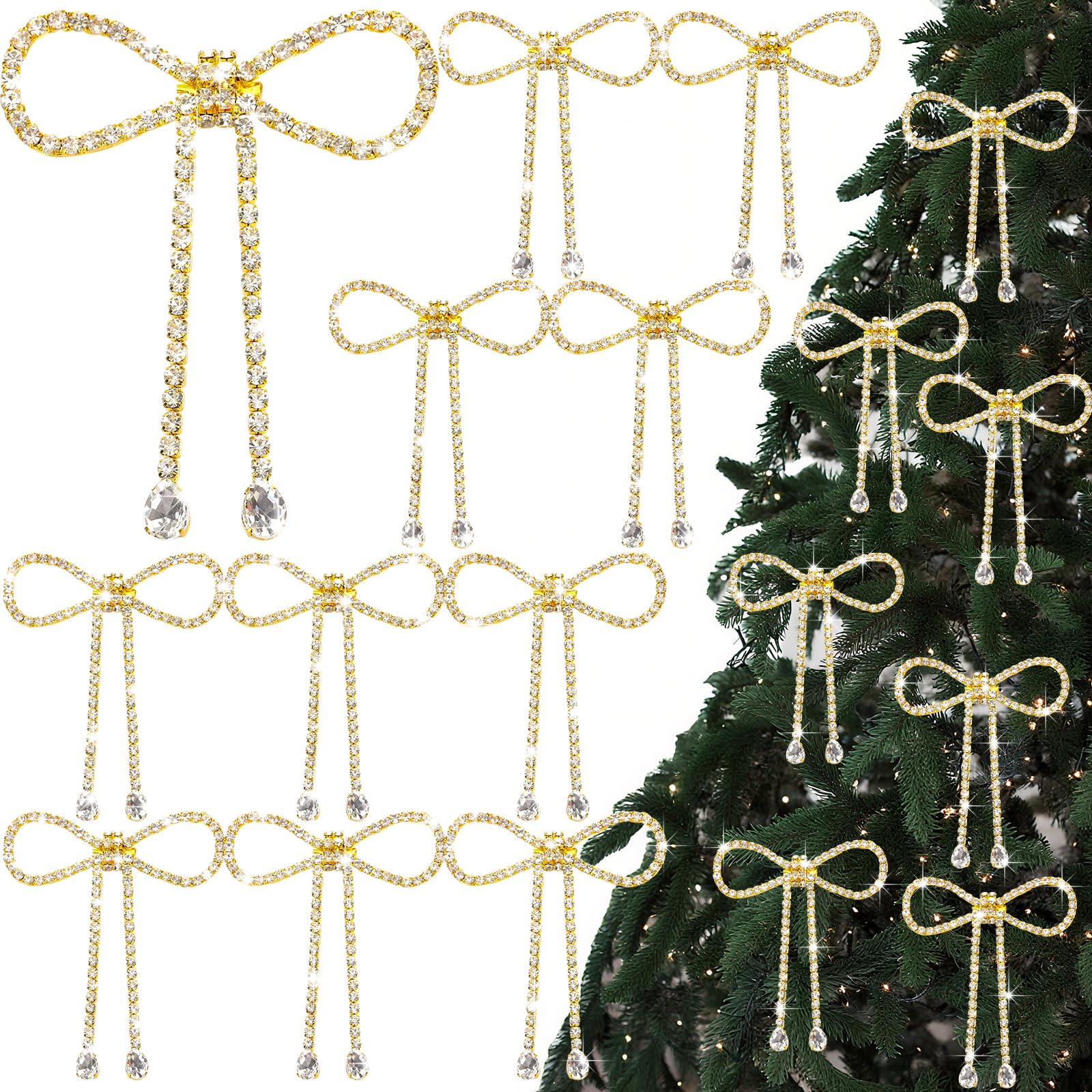 View 1 of Highergo 12 Pcs Rhinestone Christmas Bows Ornaments Sparkly Glitter Bow Christmas Tree Ornaments for Xmas Wreath Garland Fireplace Home Decorations(Simple Style,Gold)