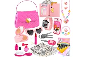MEAICEZLI Kids Play Purse for Little Girls Toddlers, Toy Purse with Accessories, Wallet, Fake Phone, Fake Makeup Toys & Play Jewelry, Toddler Pretend Play Toys for Girls, Little Girl Gifts Age 3 4 5 6 Year Old