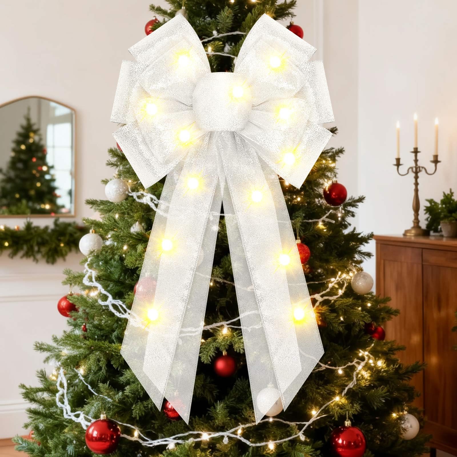 Photo 1 of Giegxin 2 Pcs Large White Lighted Christmas Bows with Lights for Wreath and Tree Topper, 18x10 Inch Pre Lit White Wreath Bow Light up for Christmas Decorations for Front Door Windows Outdoor Indoor