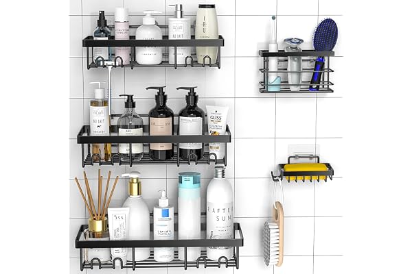 Moforoco 5 Pack Shower Caddy Shelf Organizers Rack, Self Adhesive Black Bathroom Storage Organization, Home Kitchen No Drilli