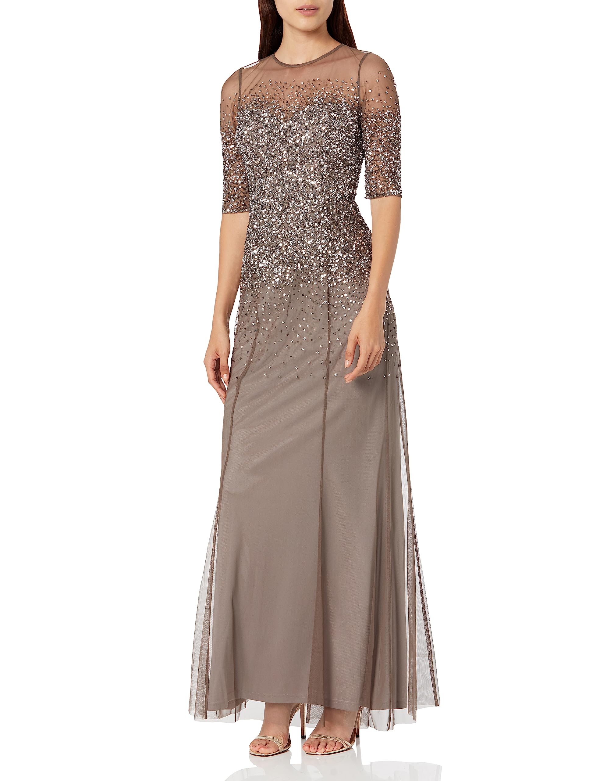 Adrianna Papell Women’s 3/4 Sleeve Beaded Illusion Gown with Sweetheart Neckline, Lead, 18