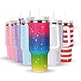 40 OZ Bling Tumbler With Handle Studded Rhinestone Tumbler Glitter Cups with Lid Stainless Steel Vacuum Thermal with Straw for Ice Cold or Warm Drinking for Women(Colorful Shiny)