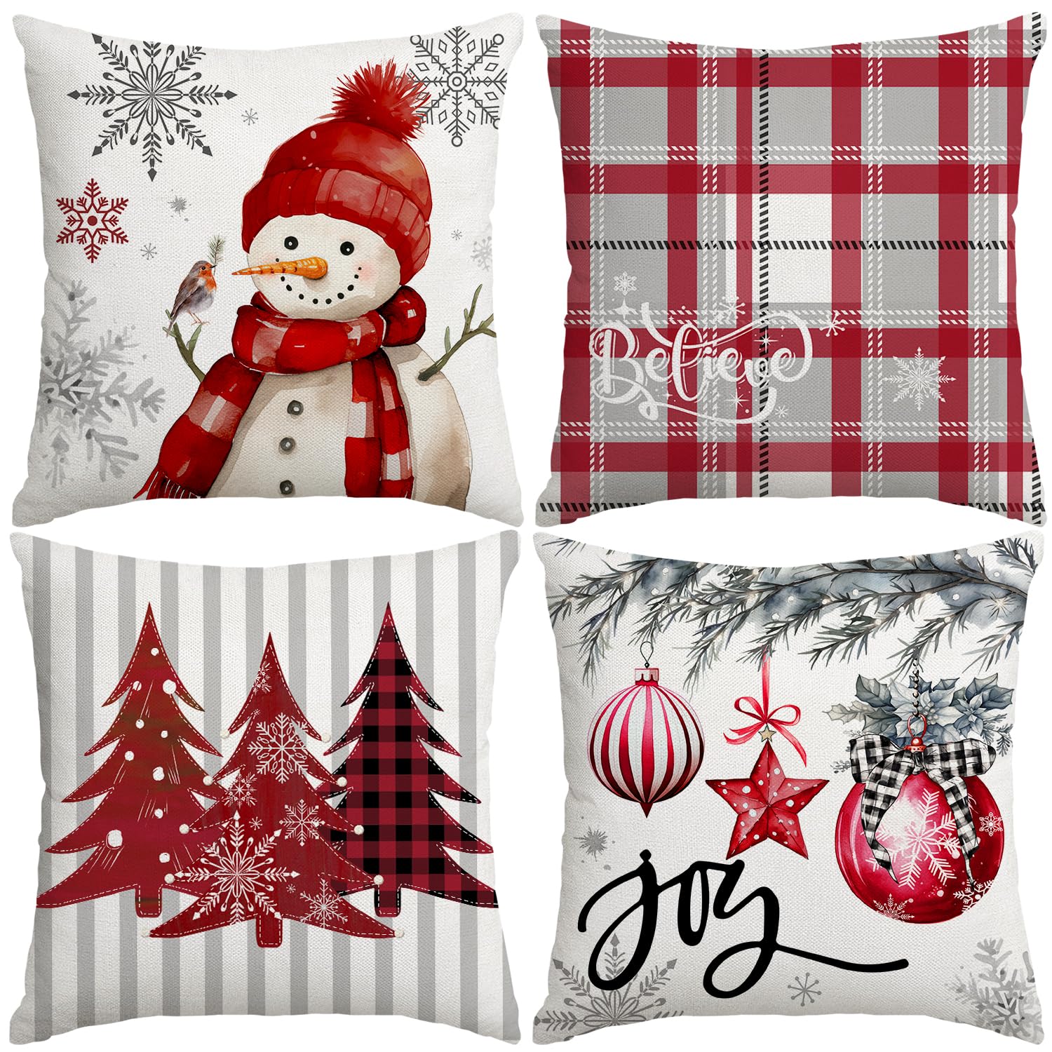 Miaikoe Christmas Cushion Covers 50x50 cm Set of 4, Decorative Farmhouse Snowman Joy Believe Christmas Tree Red Pillow Covers for Winter Holiday Home Decor Decoration