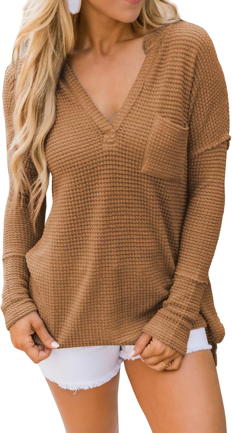 iGENJUN Womens Long Sleeve V Neck Waffle Knit Top Oversized Pullover Sweaters with Pocket at 