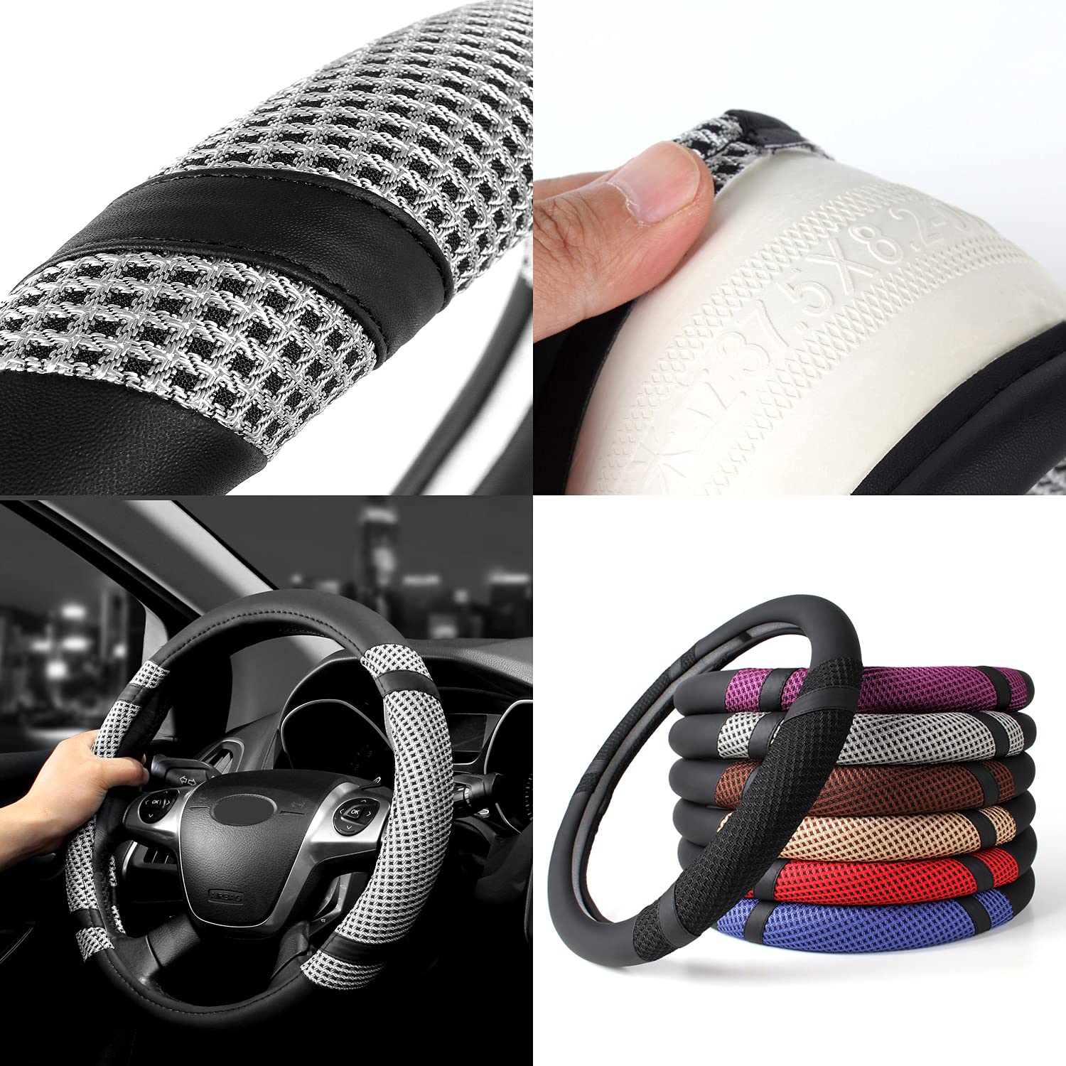 Leather Car Steering Wheel Cover 38cm/15" Universal Fit Steering Wheel Sleeve Anti-Slip Ice Silk Steering Wheel Protector Breathable Steering Wheel Sleeve for Auto Van Truck SUV