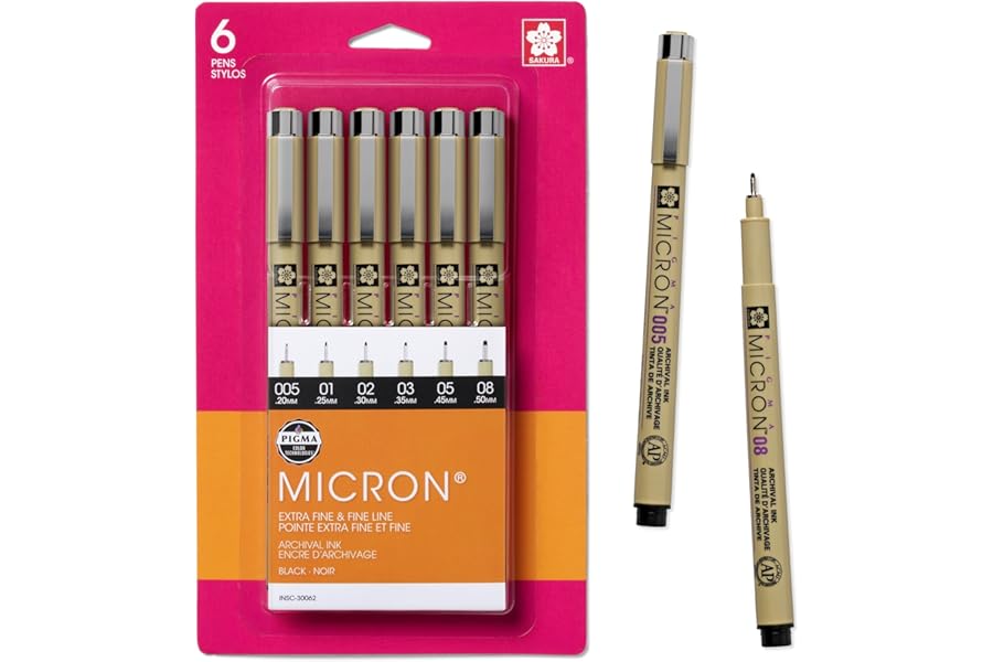SAKURA Pigma Micron Fineliner Pens - Archival Black Ink Pens - Pens for Writing, Drawing, or Journaling - Assorted Point Sizes - 6 Pack