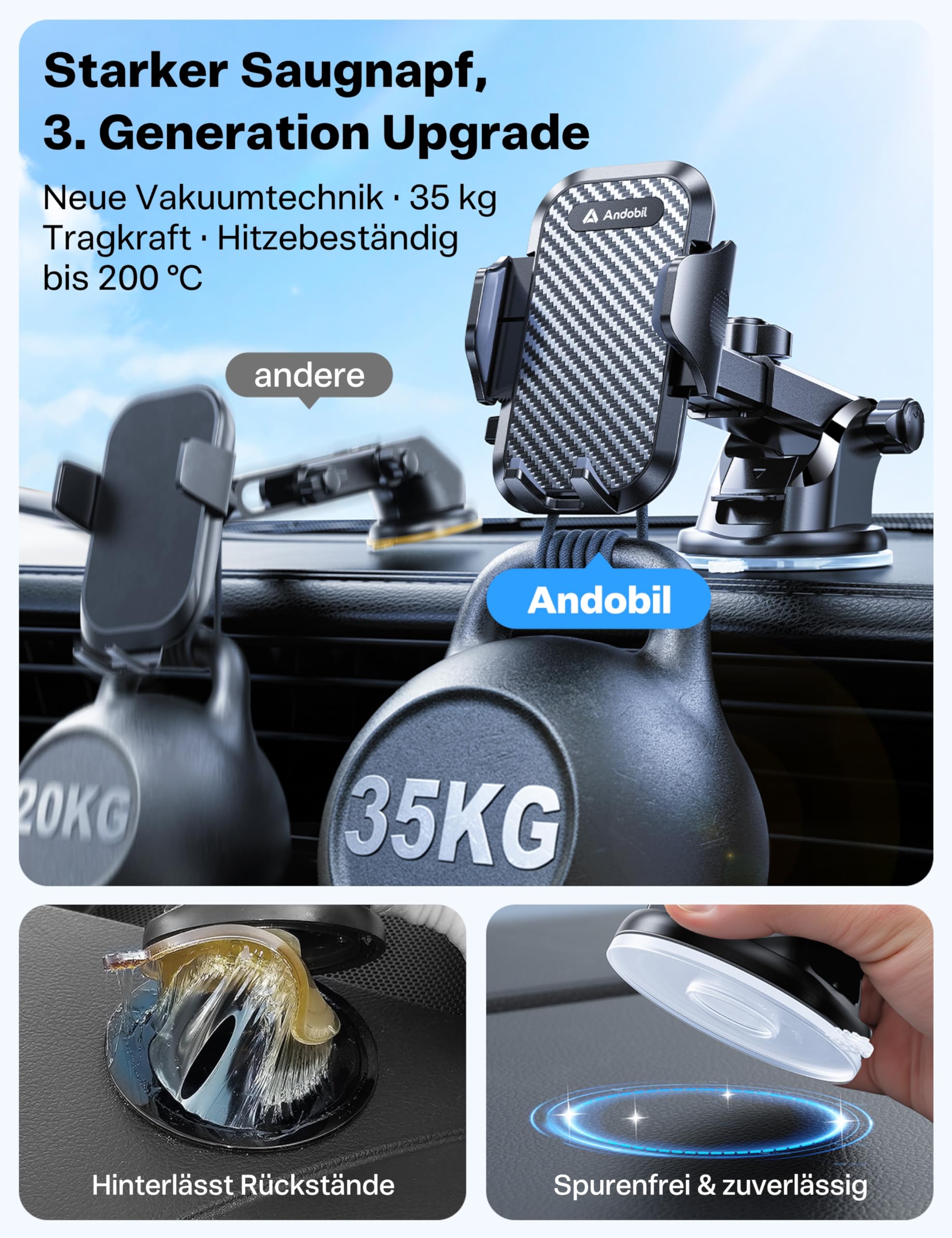 andobil Handyhalterung Auto [2026 Neueste Saugnapf] 3 in 1 Saugnapf & Lüftung Halter Universale KFZ Autohalterung Zubehör für iPhone 17 Pro Max Air 16/15/14/13/12 Samsung Galaxy S25 Ultra/S24/S23 Usw 4