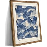 Framed Japanese Wall Art, Vintage Abstract Blue Waves Canvas Wall Decor Painting, Minimalist Japandi Oriental Ocean Aesthetic Prints Picture for Living Room Bathroom Bedroom 12x16 Inch