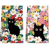 MCPESAS Black Cat Floral Kitchen Towels - Set of 2 Flower Cat Dish Towel for Kitchen Drying, Soft Absorbent Cute Dish Towels Cats Spring, Black Cats Flower Dishes Towel for Home Cooking Housewarming