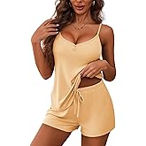Ekouaer Women's Pajama Sets Sleeveless Pj Set 2 Piece V Neck Adjustable Cami Tops Drawstring Shorts Lingerie Sleepwear