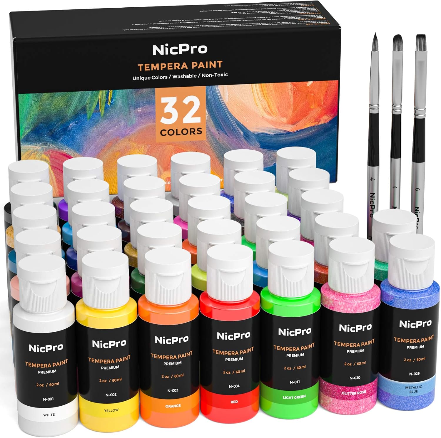 Nicpro Tempera Washable Paint for Kid & Toddler, 32 Colors (2 oz/Tube) Liquid Finger Paint Kit with 3 Brushes Non Toxic for Hand, Poster, Paper, Canvas, Sponge Painting & Art Craft DIY Projects: Home Improvement