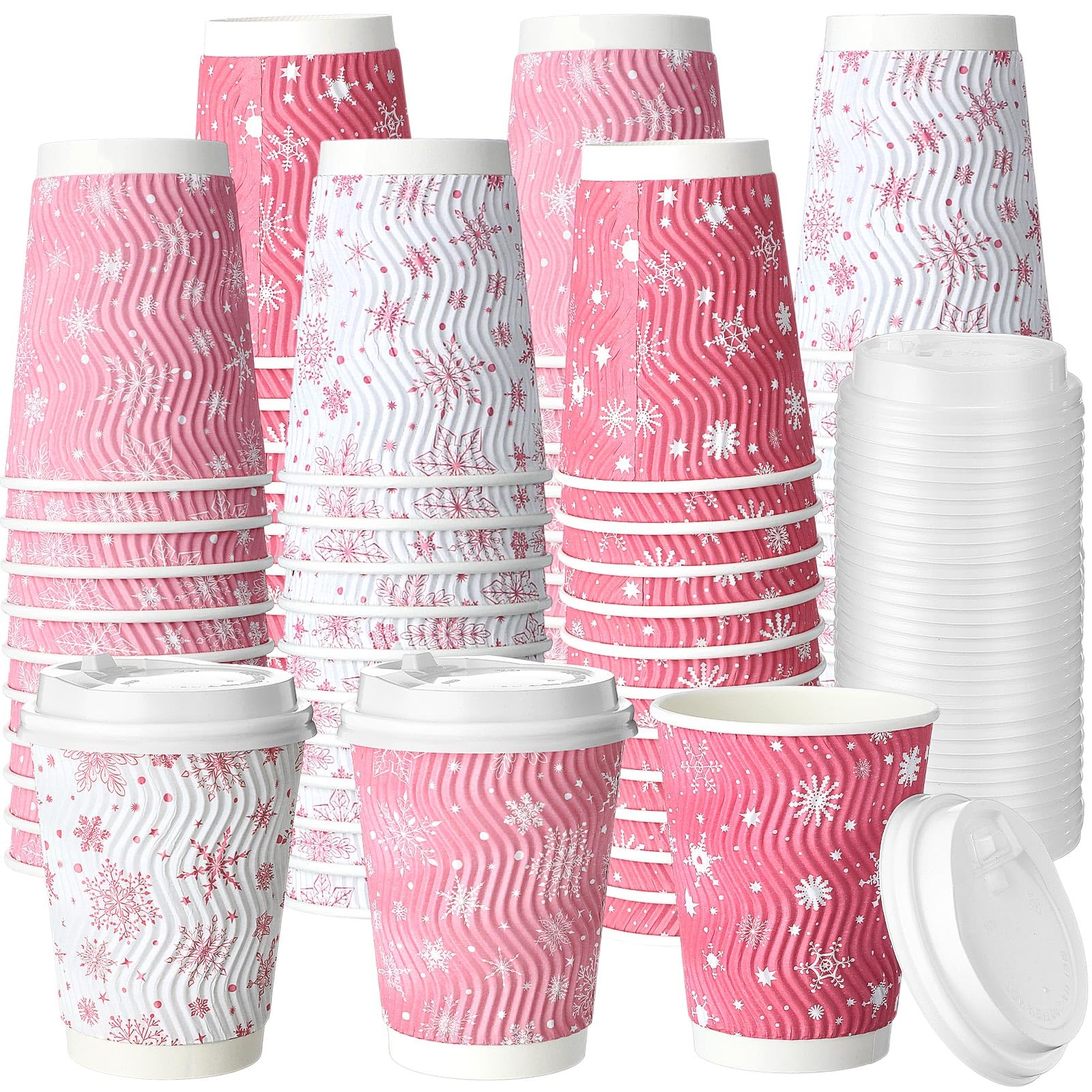 Photo 1 of Shinymoon 50 Pack Winter Paper Coffee Cups with Lids 12 oz Snowflake Disposable Drinking Cups Insulated Corrugated Ripple Wall Drinkware for Xmas Winter Holiday Party Supplies (Pink,White)