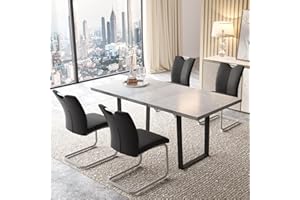 ZckyCine Modern Mid-Century Dining Table Set for 4-6 People Kitchen Dining Room Table Set Extendable Wood Dining Table and 4 Upholstered Chairs, Home Kitchen Furniture