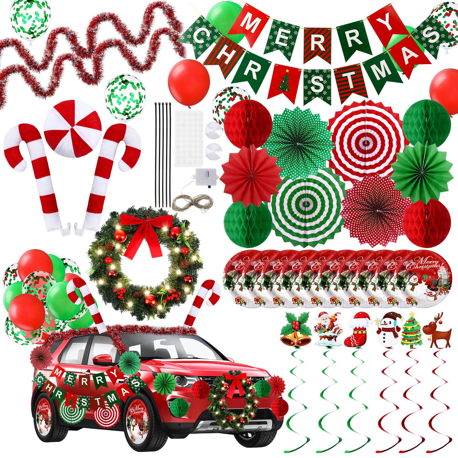 Photo 1 of Suncalla 47 Pcs Christmas Parade Golf Cart Decoration Kit with LED Xmas Car Wreath Bow String Candy Canes Merry Christmas Banner Fans Balloons Tinsel Hanging Swirl Garland for Truck Vehicle