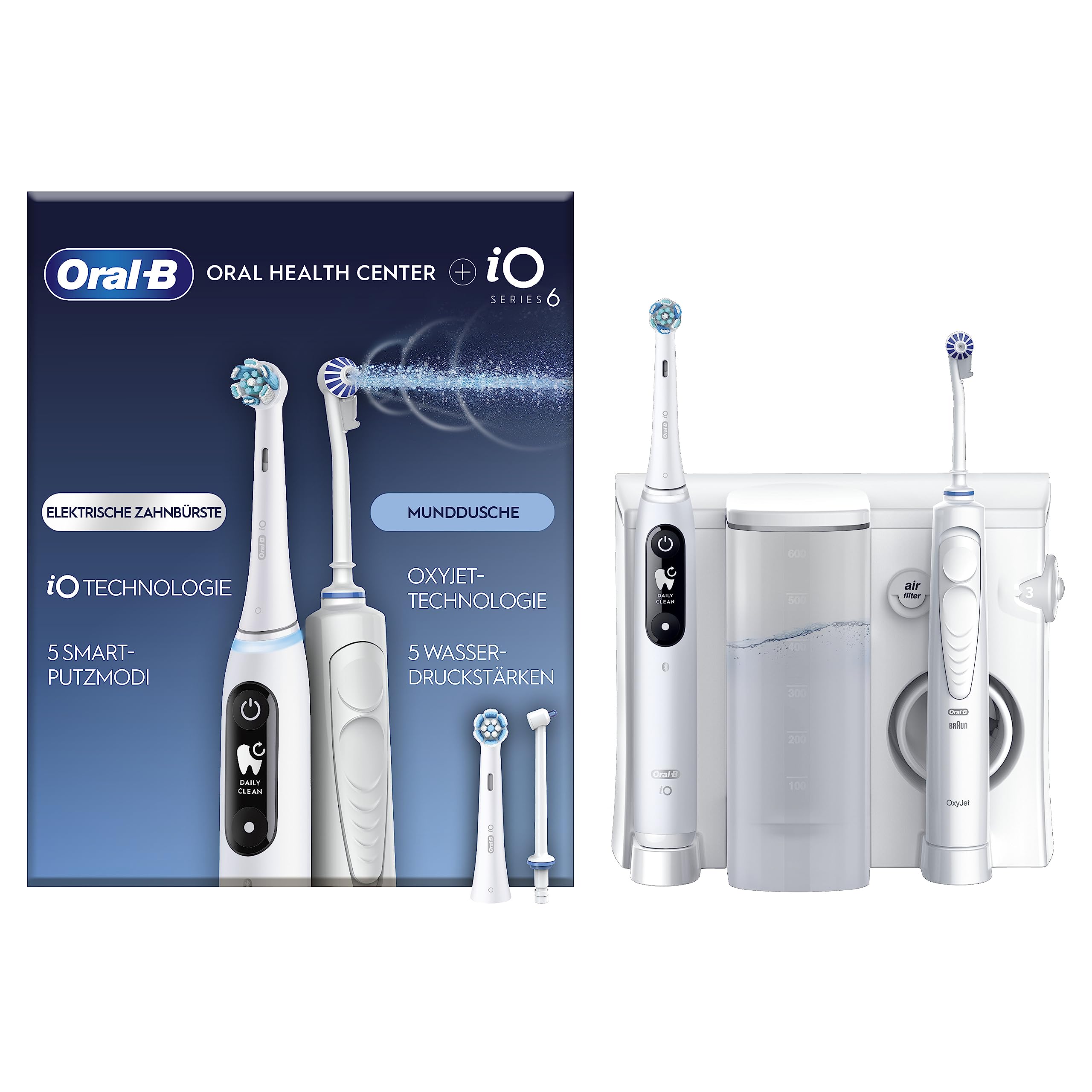 Oral-B Oral Health Center Munddusche mit Oxyjet-Technologie für Zahnreinigung, 2 Ersatzdüsen & iO Series 6 Elektrische Zahnbürste/Electric Toothbrush, 2 Aufsteckbürsten, 5 Modi für Zahnpflege, weiß