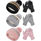 JaGely 6 Pcs Women Winter Beanie Hat Gloves Set Warm Knitted Hats and Touchscreen Gloves Lady Cold Winter Gifts for Christmas