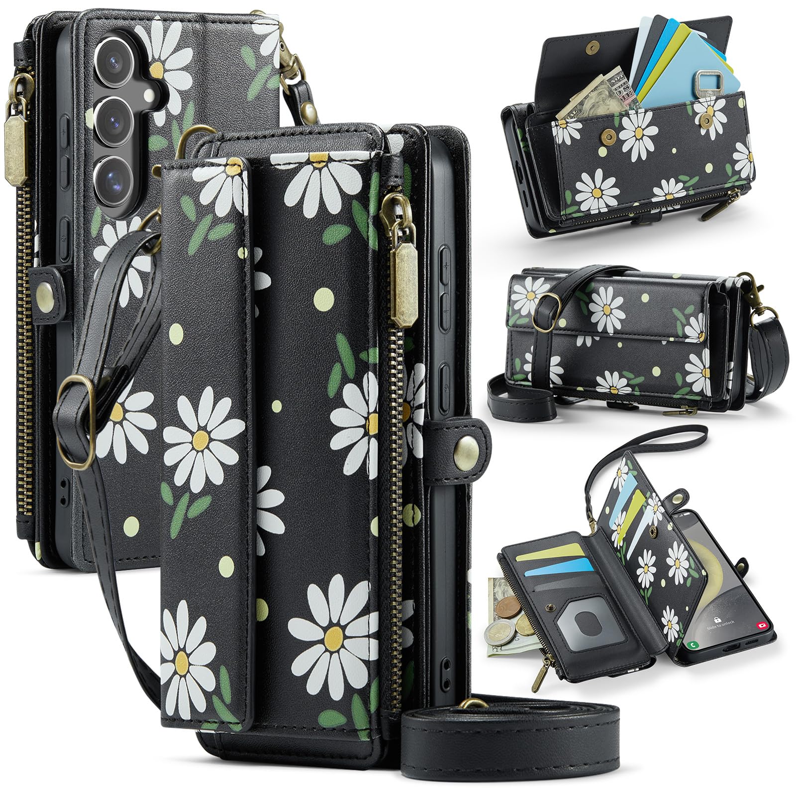 Photo 1 of YWKJ for Samsung Galaxy S24 Case Wallet with RFID Blocking Card Holder Colored Drawing PU Leather Magnetic Snap Flip Zipper Strap Wallet Phone Case Fit for Galaxy S24,Daisy