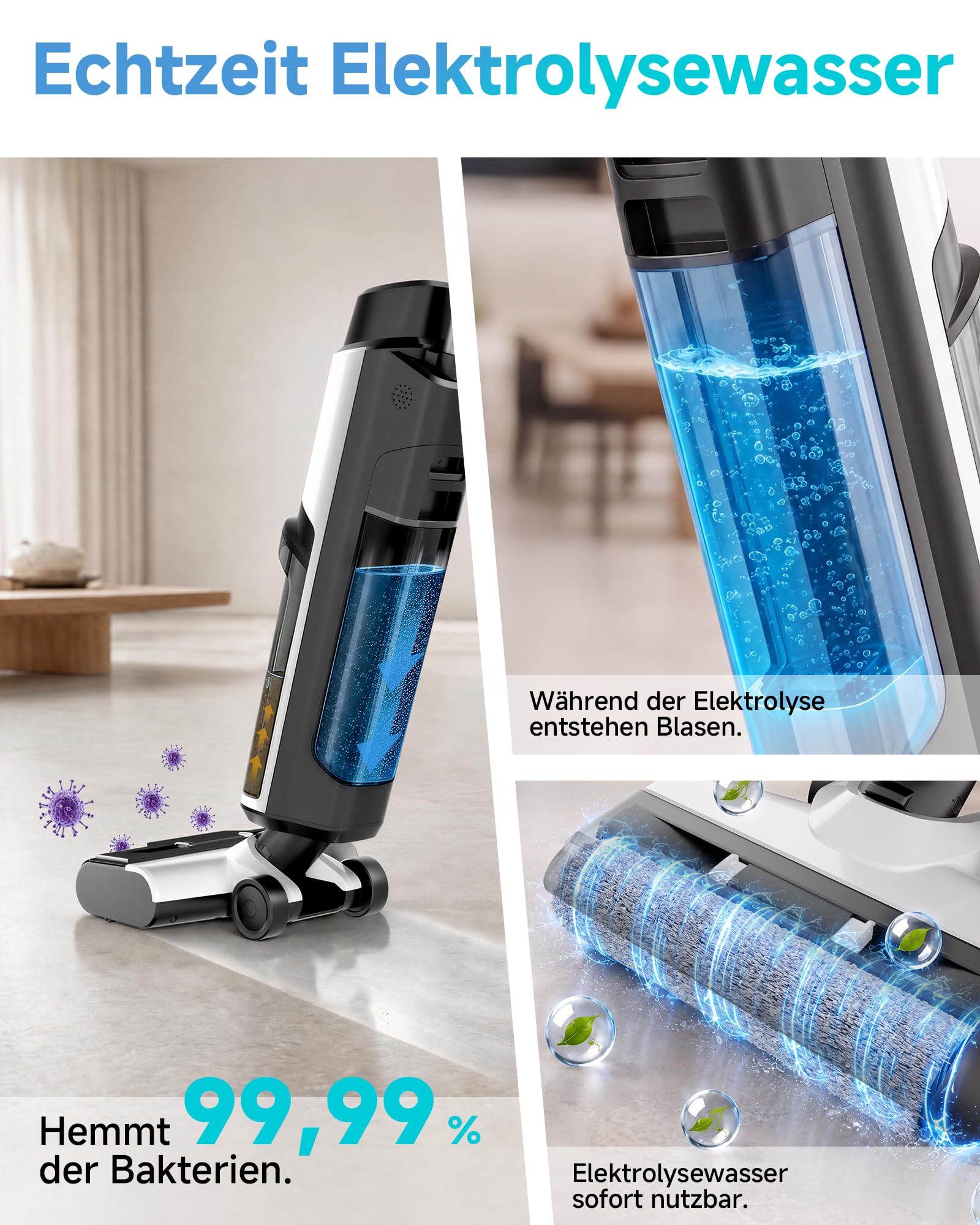 Hearten Nass Trockensauger, 25 kPa, mit Wasserelektrolyseur zur Desinfektion, Selbstreinigung, Sprachansage, Randreinigung, LED-Display, Bürstenloser Motor, Geräuscharm, Haushalte 3