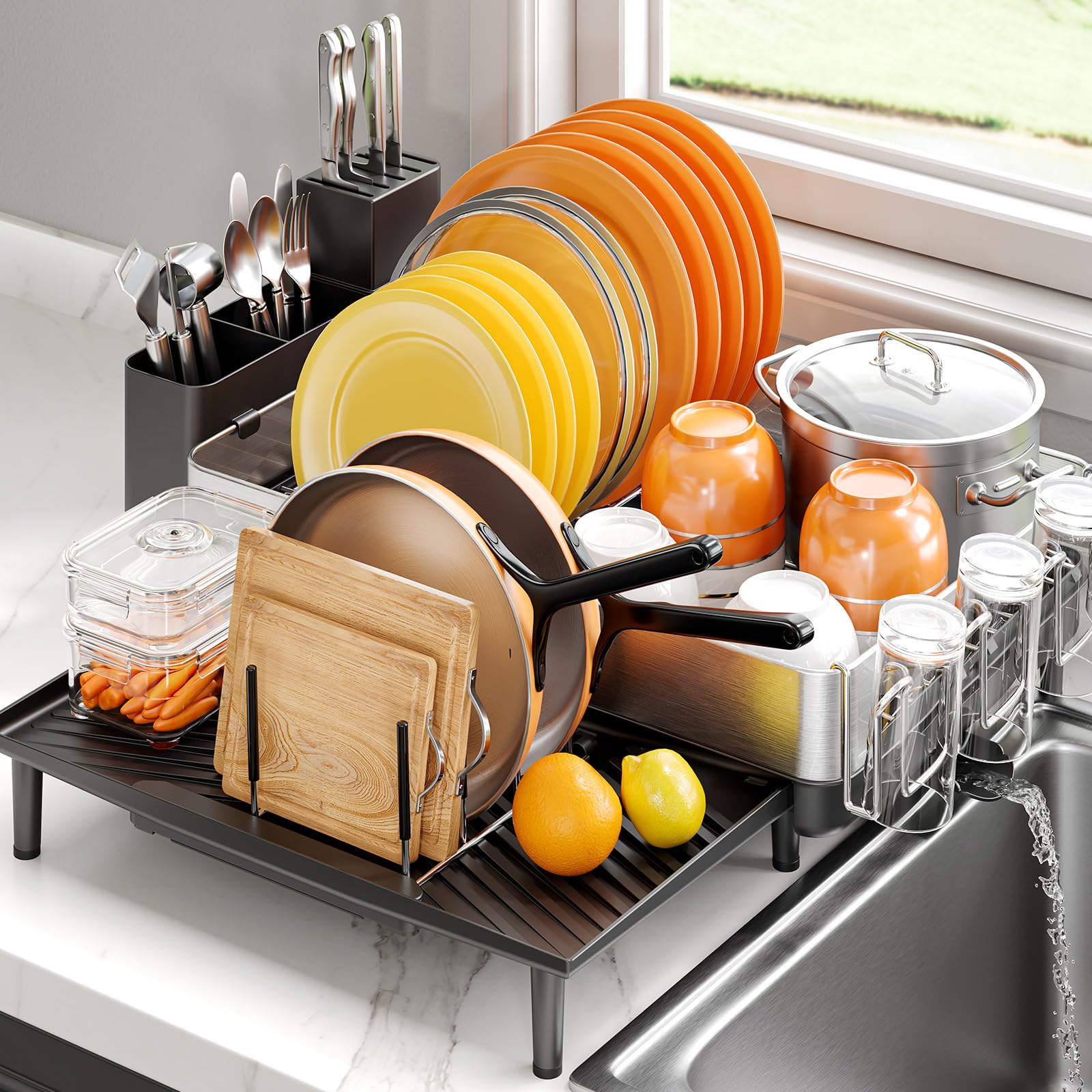 Photo 1 of Urackify Expandable Dish Drying Rack for Kitchen Counter, 304 Stainless Steel Dish Rack, Multi-Function Dish Drainer, Large Dish Strainer with Cup Holder, Cutlery Holder, Extendable Large Size Silver