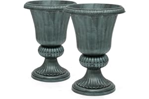 Magshion 20" Urn Planters for Outdoor Plants, Large Decorative Front Porch Planters Set of 2, Weatherproof Tall Plastic Flower Pots for Garden, Patio & Entryway Décor, Antique Green