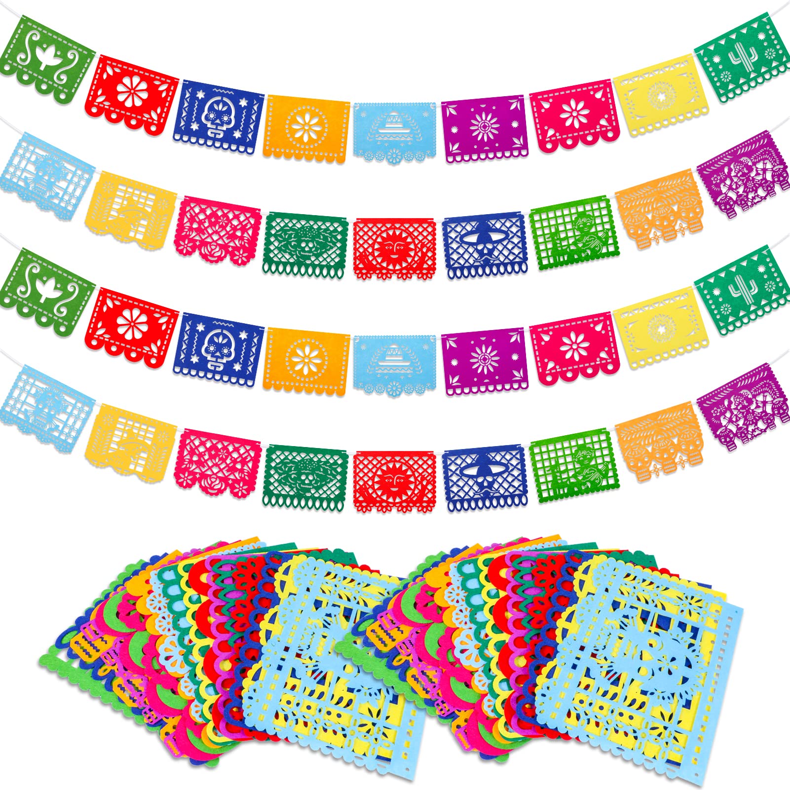 Qpout 4pcs Mexican Fiesta Felt Banner - Dia De Los Muertos Day of The Dead Cinco de Mayo Papel Picado Fiesta Banner Party Decorations
