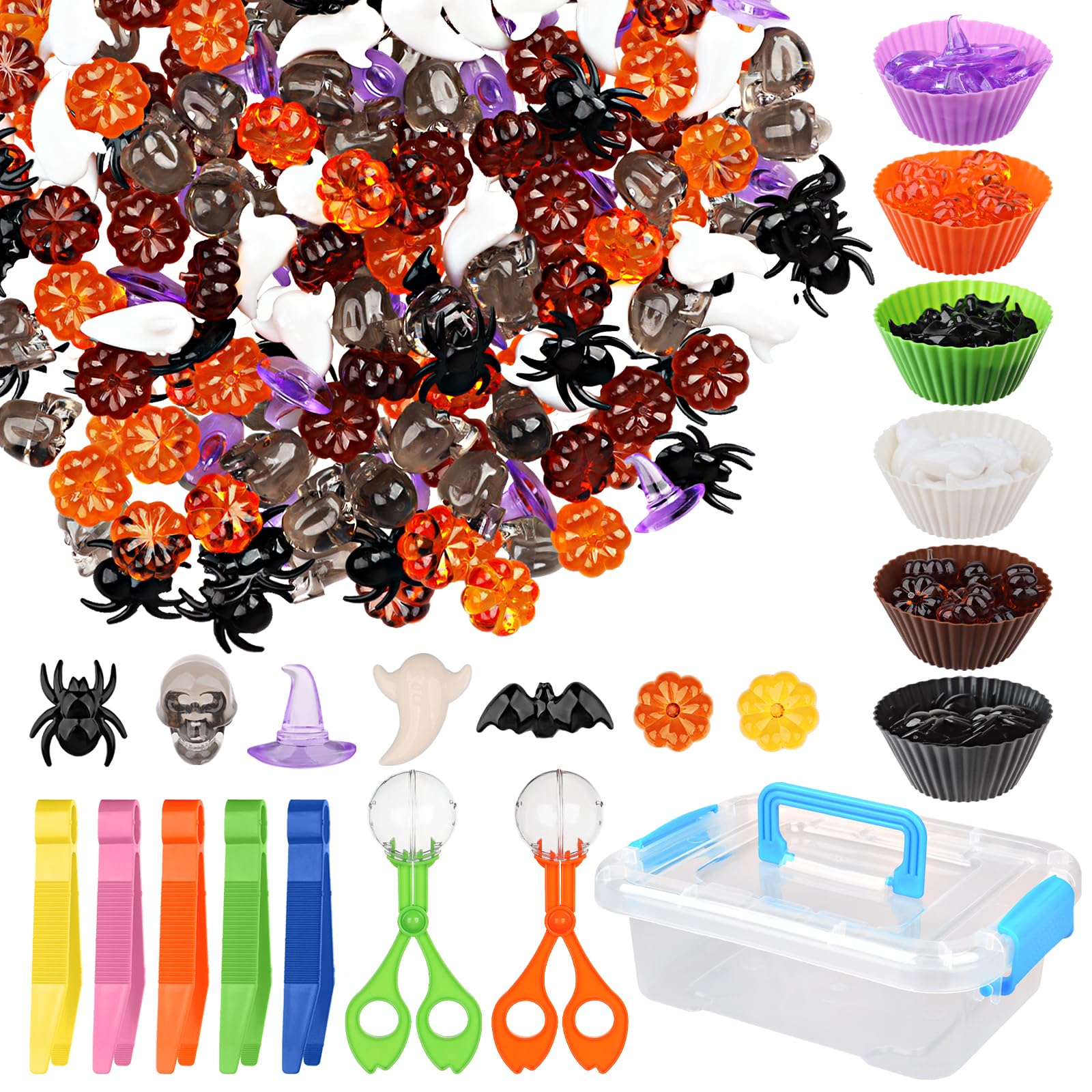 Photo 1 of 210 Pcs Halloween Sensory Bin Filler Fine Motor Toys Counting Sorting Fall Decorations 5 Tweezers 2 Scissors Clips 6 Silicone Plates 1 Storage Box Halloween Sensory Bin Filler for Counting DIY Crafts