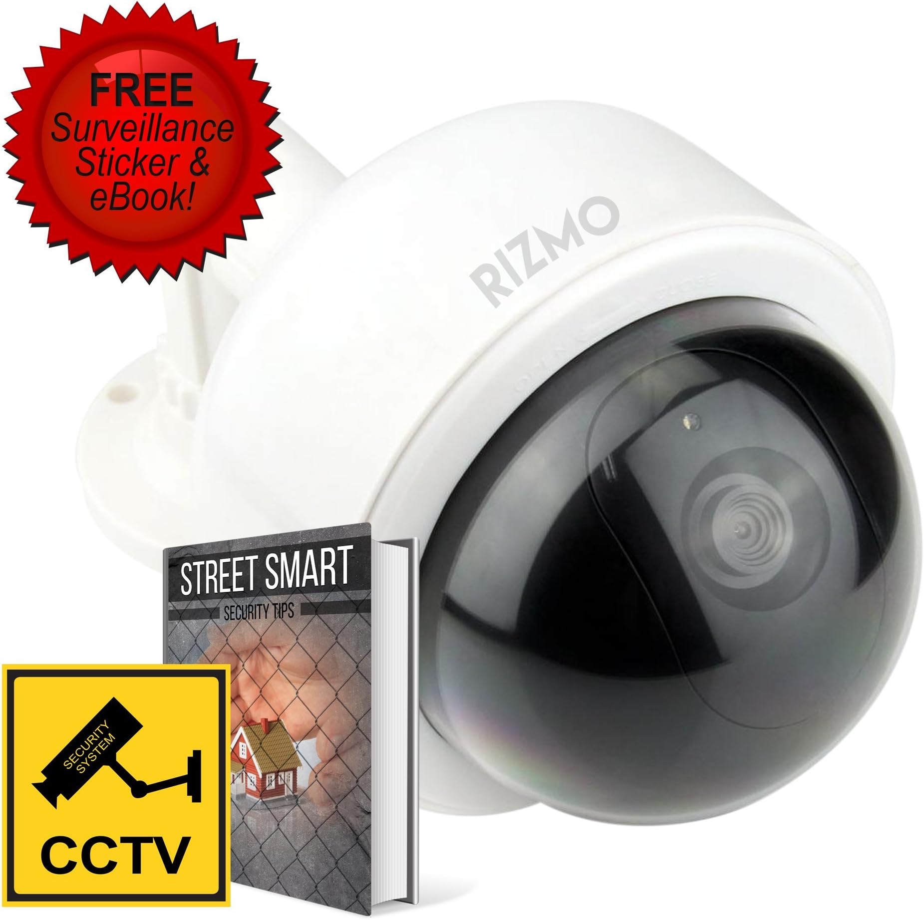 Rizmo - Ultimate Fake Camera Bundle - Indoor outdoor Dome Dummy Camera with blinking Led lights. Fake Camera with free surveillance sign. Realistic looking Dummy security camera with Free Ebook.