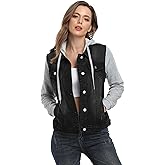 MISS MOLY Women's Hooded Jean Jacket Drawstring Layered Washed Long Sleeve Sweatshirt Hoodie Denim Jacket w 2 Pockets