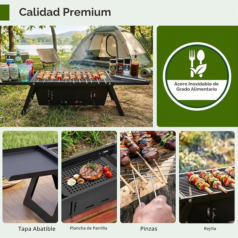 Grelhador portátil a carvão de mesa, mini churrasco dobrável instantâneo com controlo de calor de 3 níveis para campismo e jardim