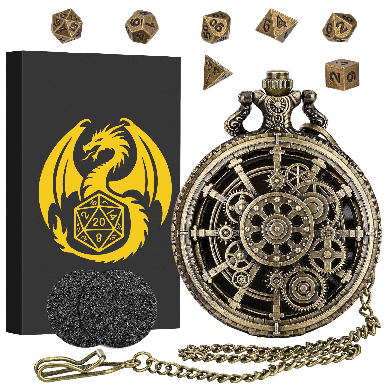Mini DND Dice Set with Steampunk Hollow Gear Pocket Watch Shell Case, 7pcs Polyhedral Metal D&D Dice Set, DND Gifts with Gift Box, Role Playing Board Games Accessories, Bronze