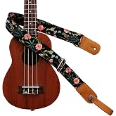 MUSIC FIRST Original Design &ldquo;Dark Night Garden&rdquo; Soft Muslin &amp; Genuine Leather Ukulele Strap Ukulele Shoulder Strap With a Genuine Leather Strap Locker