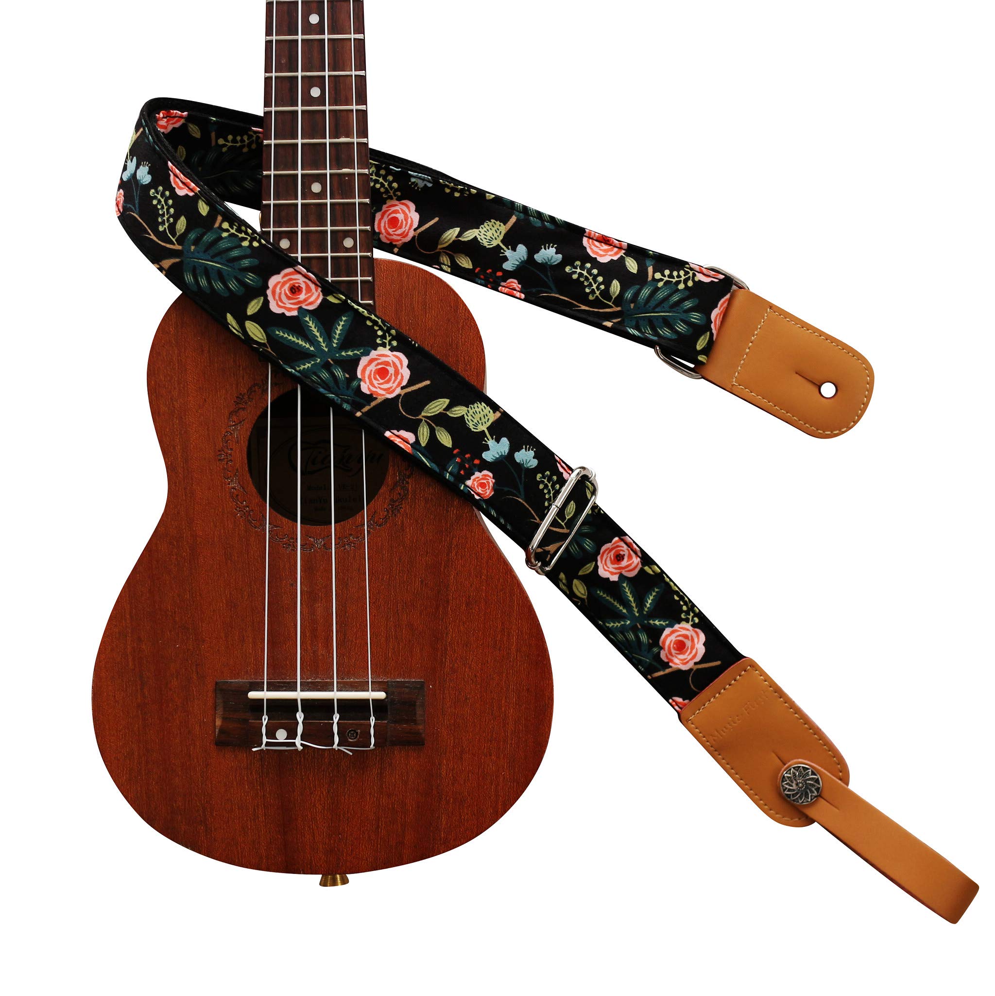 MUSIC FIRST Original Design “Dark Night Garden” Soft Cotton & Genuine Leather Ukulele Strap Ukulele Shoulder Strap With a Genuine Leather Strap Locker