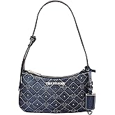 True Religion Shoulder Bag, Studded Denim Purse with Quilted Horseshoe Pattern, Adjustable Strap and Gold Hardware, Dark Denim