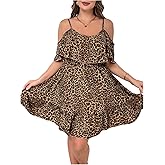 BEAUDRM Women's Plus Size Leopard Cold Shoulder Flowy Dress Y2k Ruffle Cheetah Flared Mini Dresses