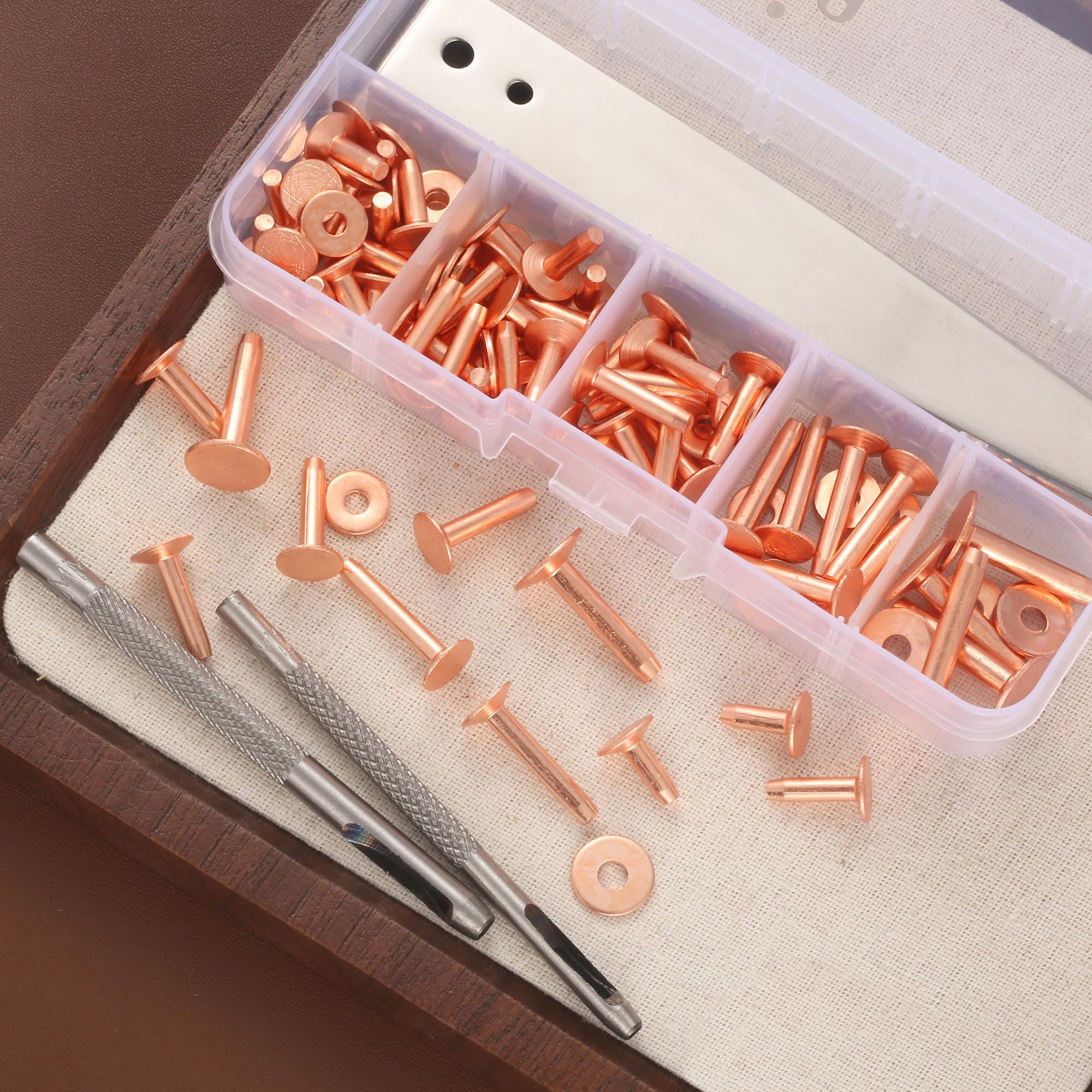 Notgia 50Sets Copper Rivets Assorted Leather Rivet Kit for Leather Working Brass Rivets with Solid Rivet Tool Setter for Repair and Decorate Belts Handbags Wallets Collars Shoes Clothing Bracelets