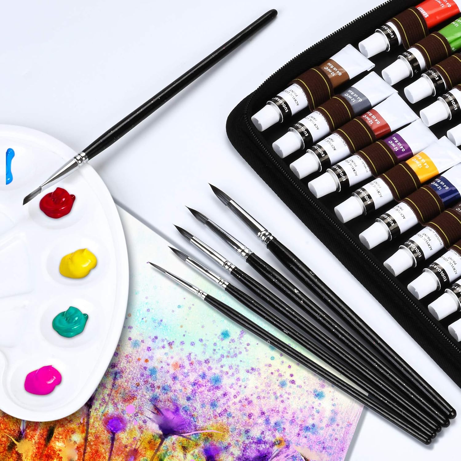 Complete Acrylic Paint Set - 24x Craft Paints, 18pcs Artist Paint Brushes with Palette, Painting Knife & Sponge in Canvas Bag for Acrylic, Oil & Watercolor -for Adults and Kids