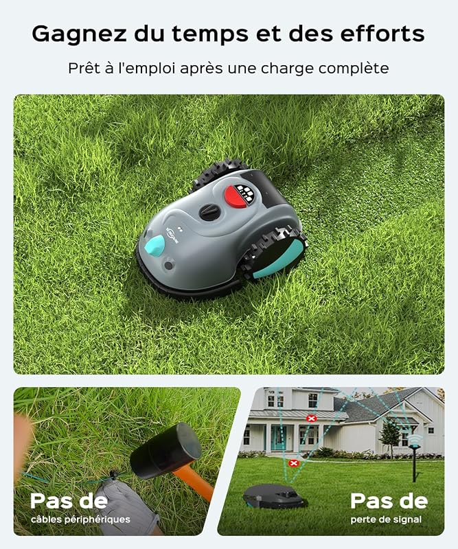 V100 Robot Tondeuse sans Fil Périphérique, avec Caméra, évitement d'obstacles, Navigation Visuelle, 150㎡ Robot Tondeuse Gazon Batterie 4 Ah, avec Lames de Rechange, Coupe en Spirale