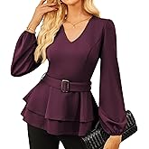 GRACE KARIN Women Work Peplum Tops,Long Sleeve Dressy Casual Blouses,V Neck Business Shirt Fall Outfits with Belt