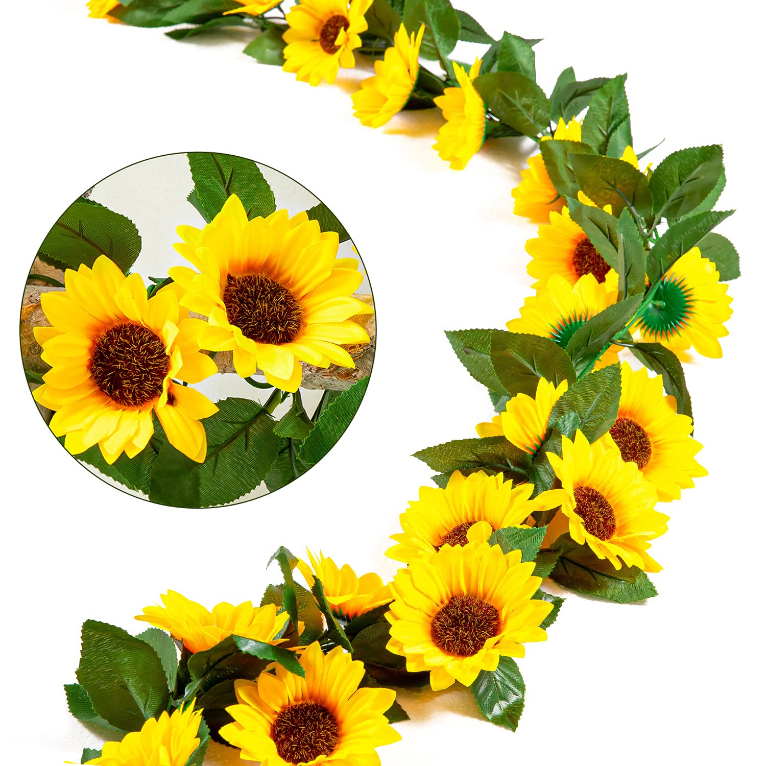 Whaline 2 Pack Artificial Sunflower Garland Silk Sunflower Vine Faux Flower Hanging Garland with Green Leaves Fake Floral Arrangement for Wedding Party Anniversary Home Office Table Centerpiece Decor