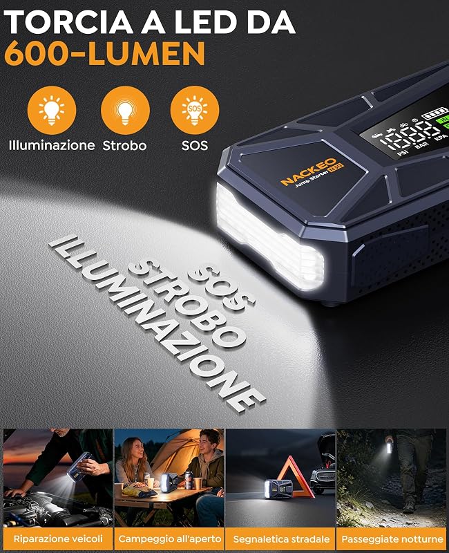 Booster Avviamento Auto, 8000A Avviatore Batteria Auto con Compressore 160PSI(Fino 12.0L Diesel/ALL Gas), Starter Batteria Auto Al Litio 12V, Avviatore Emergenza Per Auto con Torcia a LED, LCD